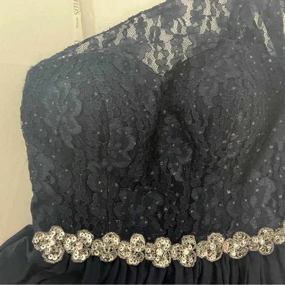 David's Bridal Navy Strapless Lace Bodice Gown with Beaded Waist - Picture 8 of 9